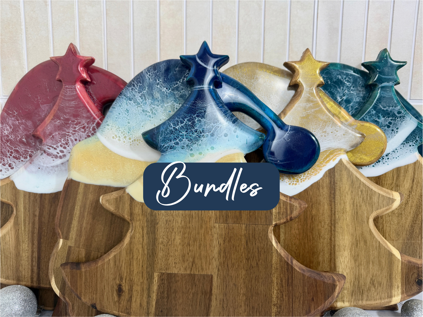 Christmas tree shaped wooden serving boards with colorful resin accents and Bundles text graphic