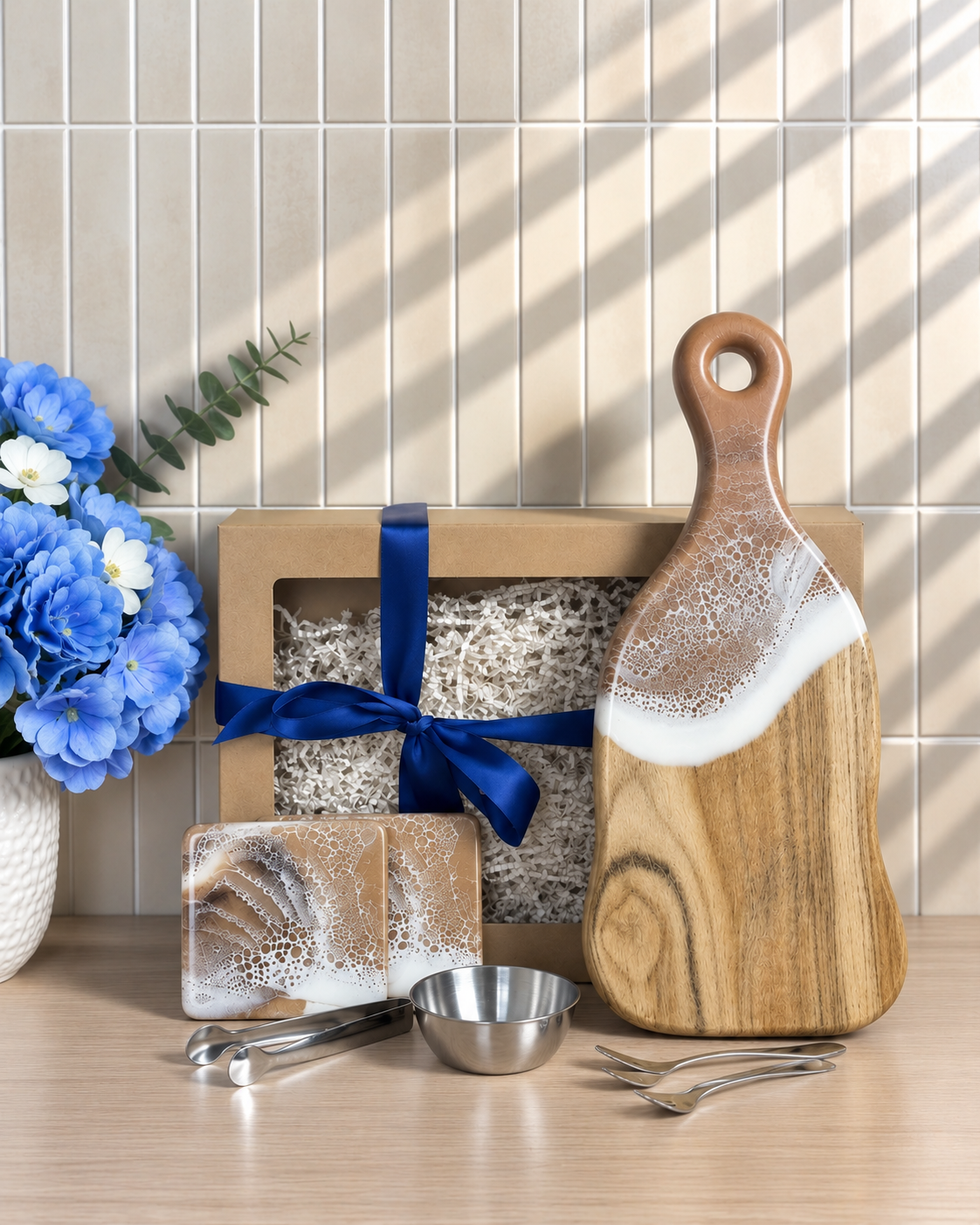 Art of Elements Personalised Gift Box with wooden serving board and resin coasters