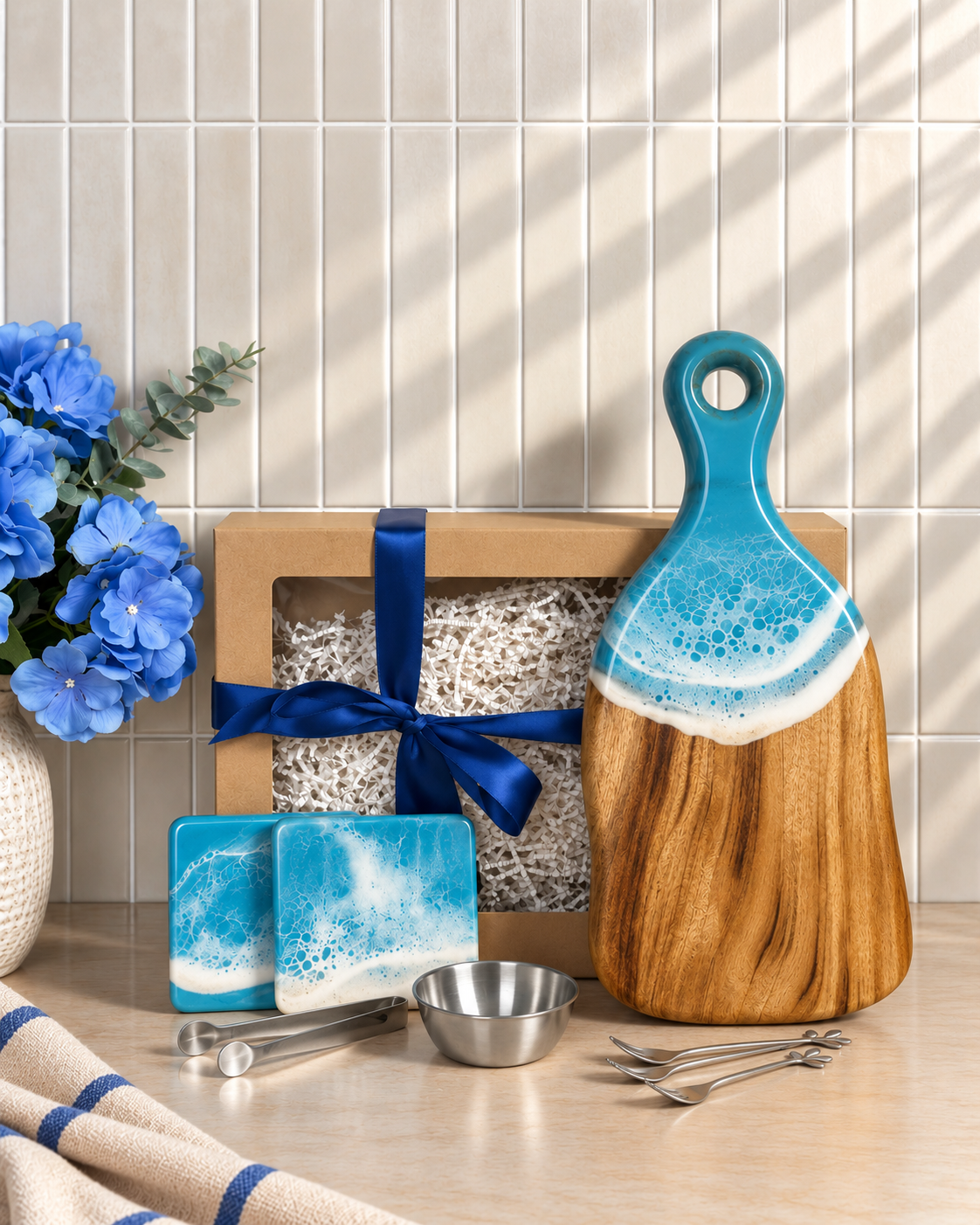 Art of Elements personalised gift box with resin serving board and coasters