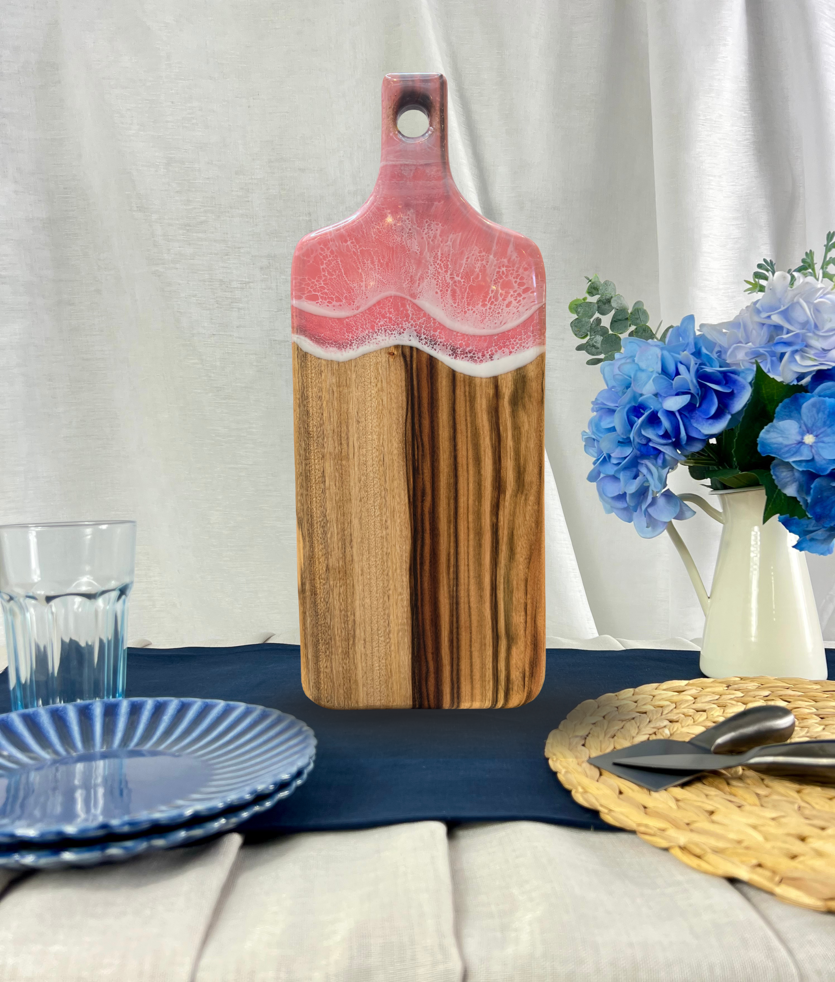 Large big paddle handmade cutting cheeseboard with resin ocean waves and camphor laurel strong grain timber in mid pink salt lake colours free engraving or personalisation