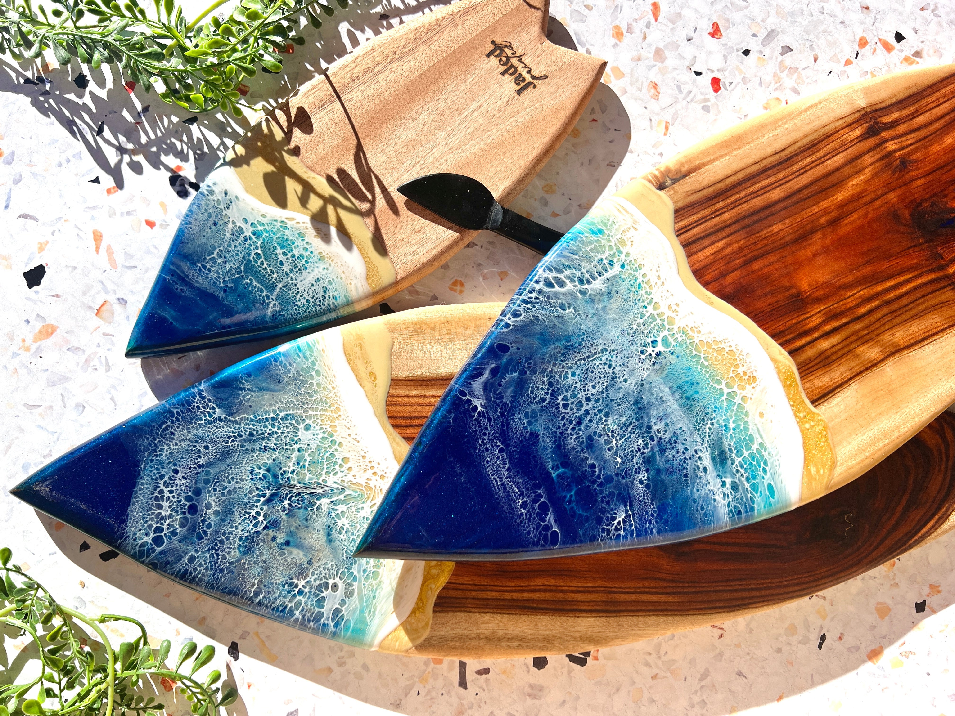 Resin waves on a camphor laurel chopping cutting serving  platter board, with great wood grain all handmade