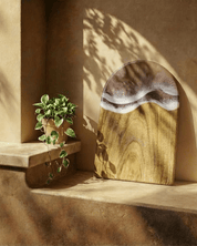 An arched wooden serving board with a polished stone inlay resembling ocean waves, leaning against a textured stucco wall with dappled sunlight and shadows. A small potted green ivy plant sits on a stone ledge to the left.