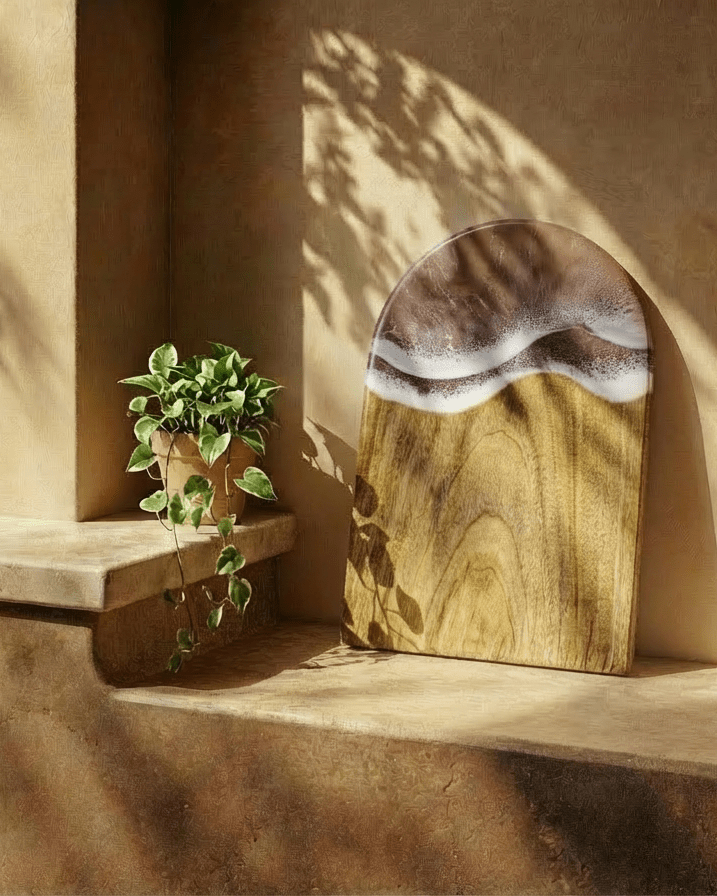 An arched wooden serving board with a polished stone inlay resembling ocean waves, leaning against a textured stucco wall with dappled sunlight and shadows. A small potted green ivy plant sits on a stone ledge to the left.
