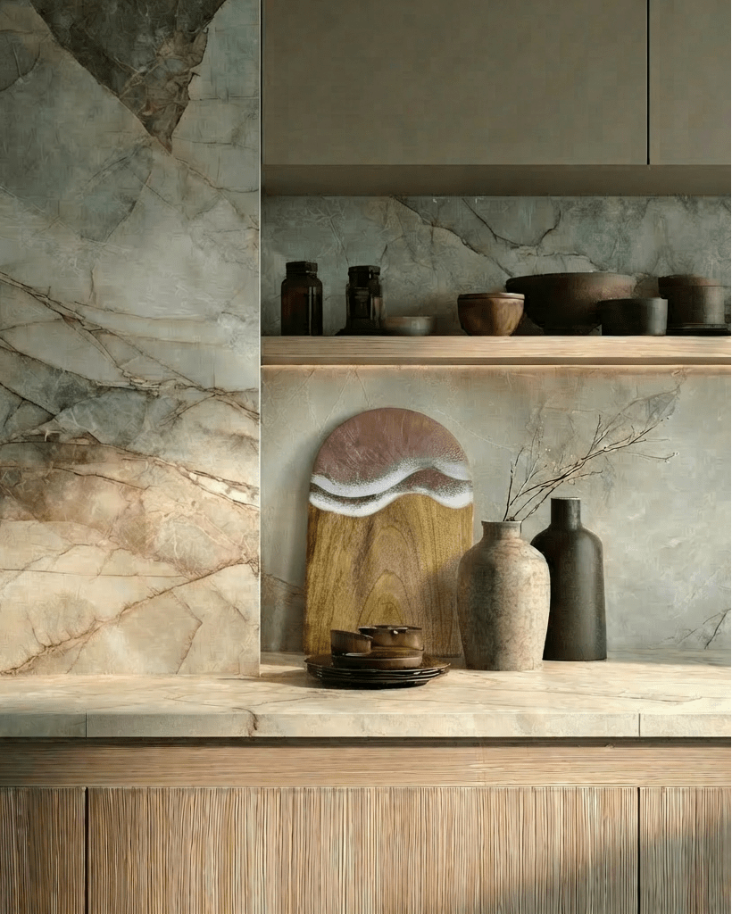 A styled kitchen interior with a large marble backsplash and matching stone countertop, featuring open shelves and wooden cabinetry. Decorative vases, bowls, and a small wooden board are arranged on the counter.