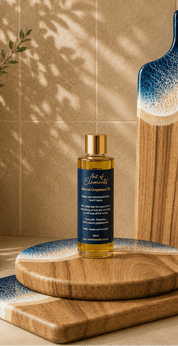 A bottle of Art of Elements Grapeseed Oil with a gold cap and dark navy label, styled on a wooden board against a beige tiled background with soft leaf shadows.