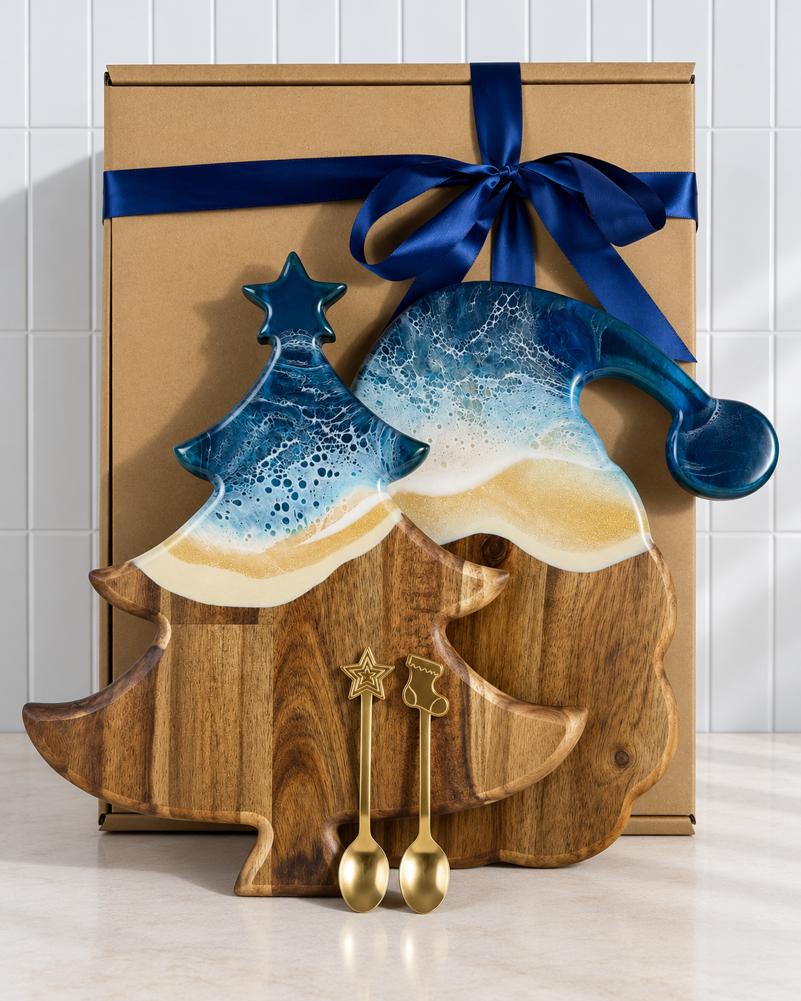 A holiday-themed gift set featuring a wooden Christmas tree serving board with a blue and cream marbled Santa hat design, two gold-toned spoon charms shaped like stockings and a star, and a brown gift box tied with a dark blue ribbon.