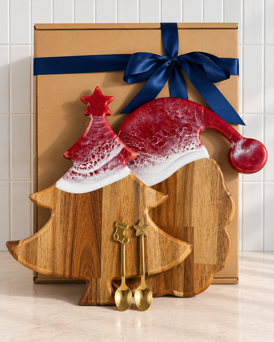 A holiday gift set featuring two wooden Christmas tree-shaped serving boards, a red and white marbled ceramic Santa hat, two gold spoons, and a brown gift box tied with a navy blue ribbon.