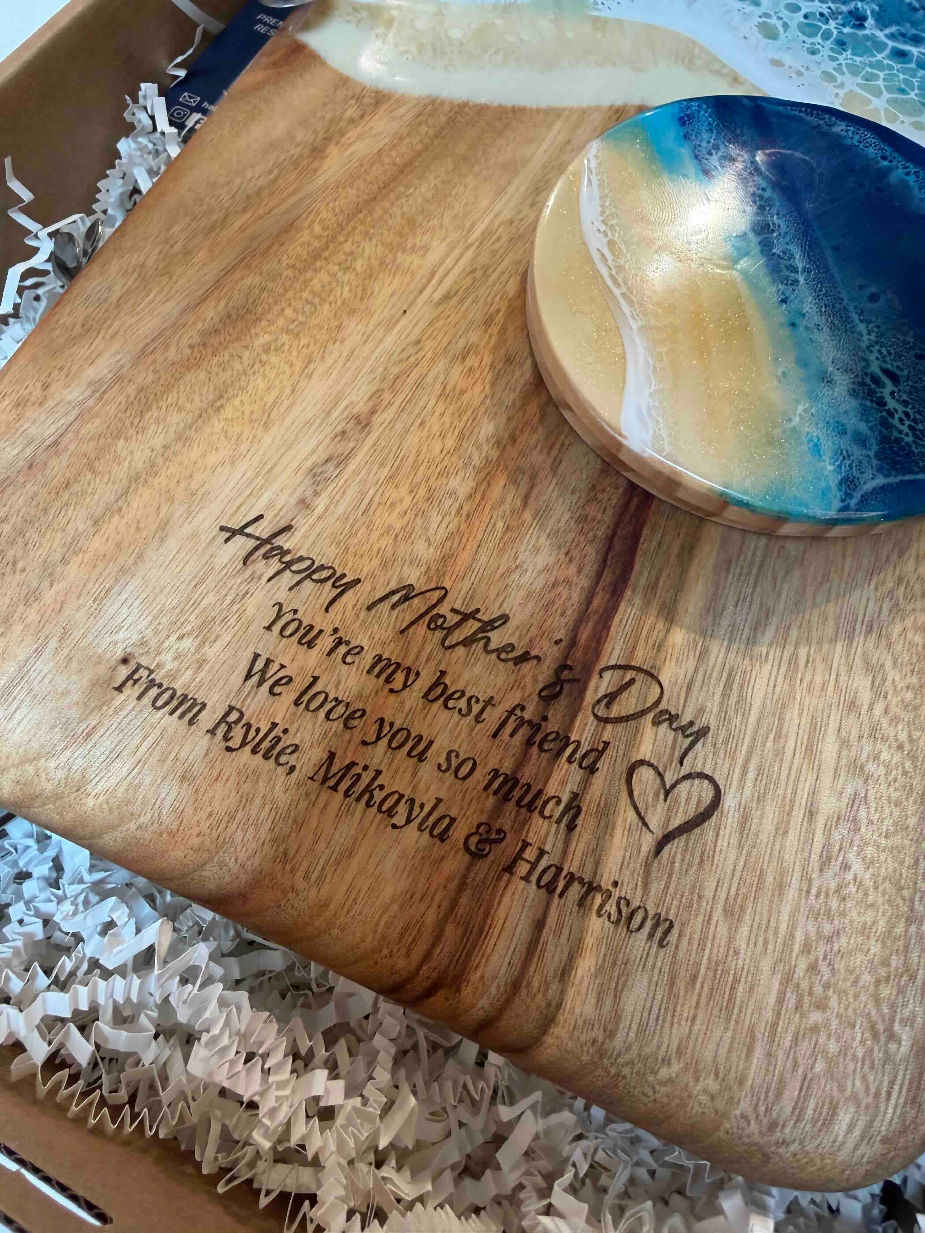 Engraved wooden serving board with ocean resin art coaster in gift box