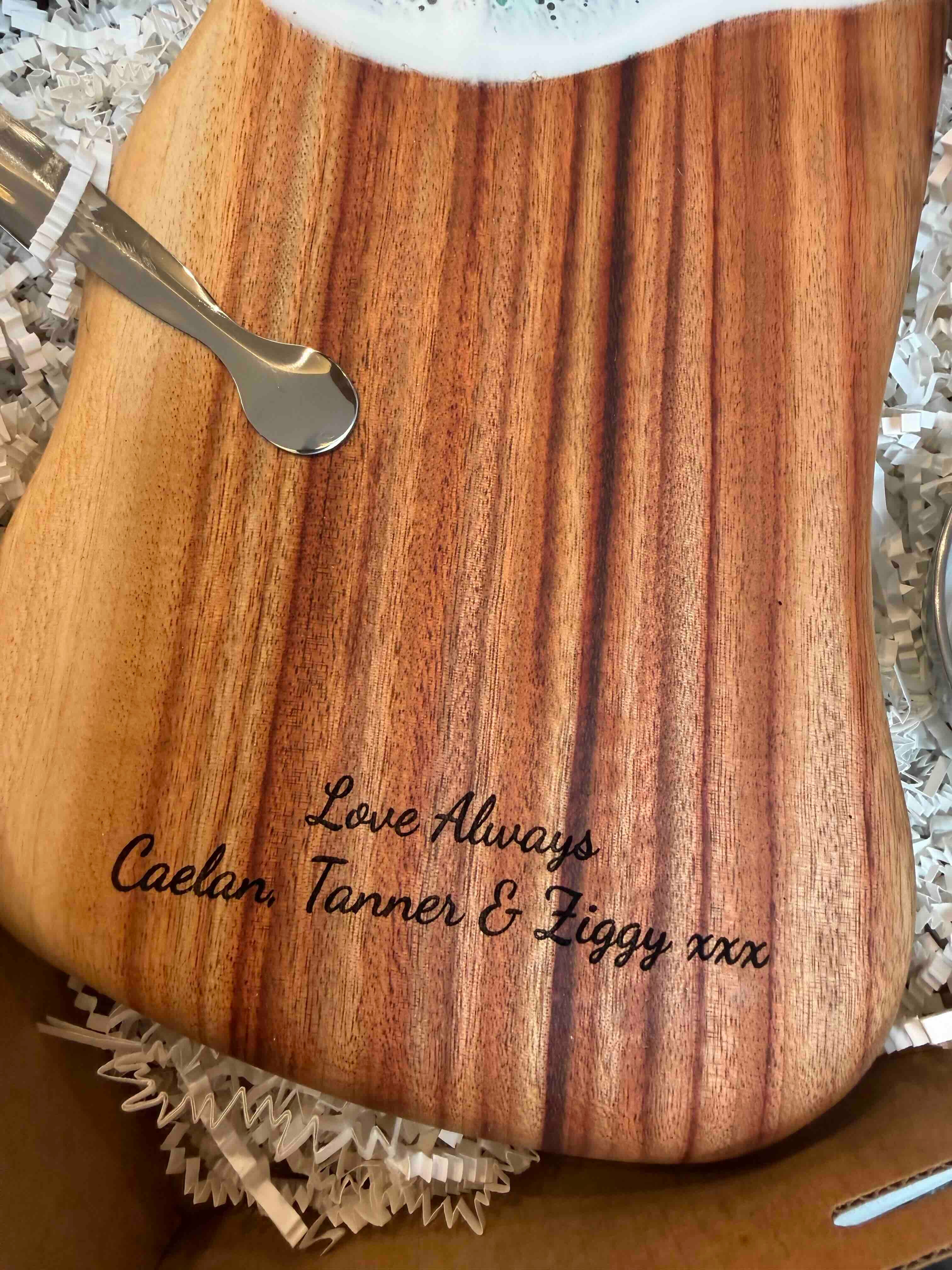 Engraved wooden serving board with metal spreader in gift box