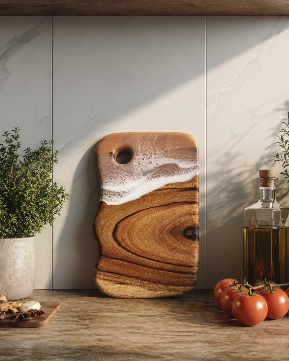 A wavy-edged wooden cutting board with a resin wave pattern in warm brown and tan tones, leaning against a light marble kitchen backsplash. The board features a circular hanging hole and is styled on a wooden countertop with fresh tomatoes, a potted herb, and an oil bottle.