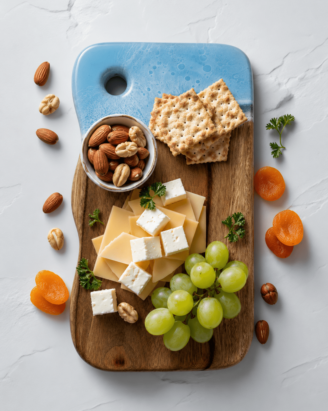 A styled flat-lay of a cutting board with a charcuterie board setup, featuring crackers, cheese cubes, green grapes, nuts, and dried apricots on a light gray marble surface.