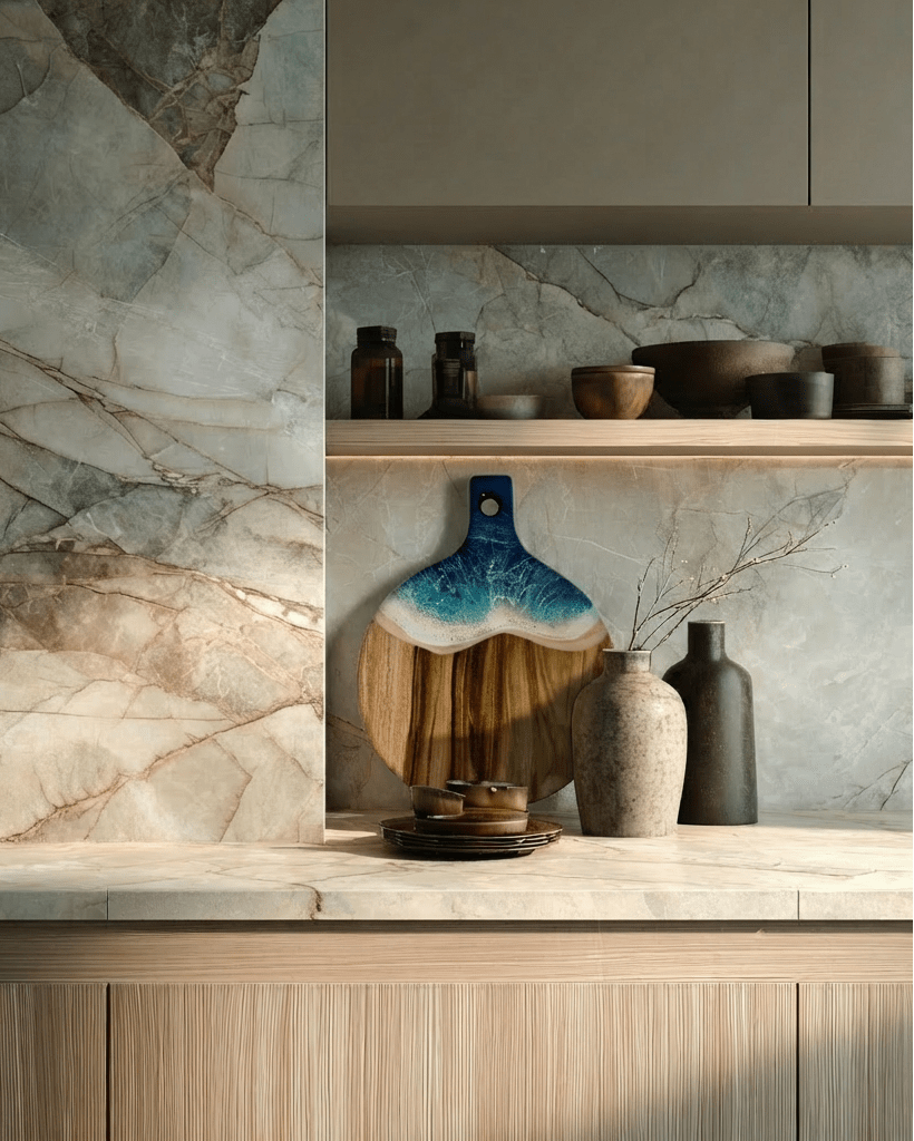 A round paddle board in the beach coloured resin shot in against a kitchen splashback