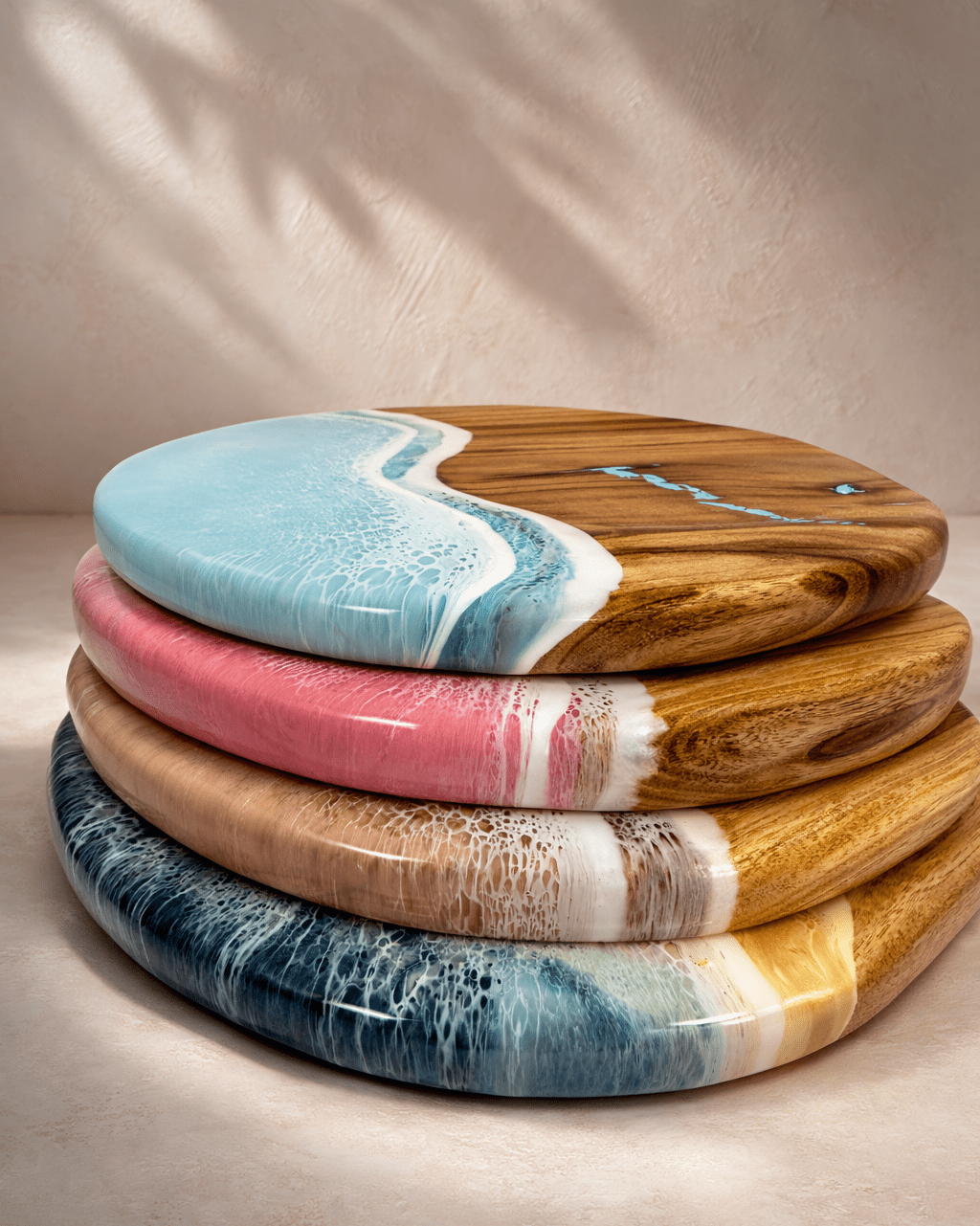 Four round wooden serving boards stacked on top of each other, featuring a resin ocean wave design with white foam and different wood grain colours including blue, pink, tan, and light blue.