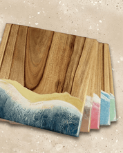 A set of square wooden serving boards featuring a resin wave design in all 5 art of elements colours beach, pink, mint green, light blue/ esperance and neutral. 