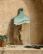 Rectangle Paddle Cheeseboard in Mint - soft green resin wave and natural Camphor Laurel grain free engraving and personalisation