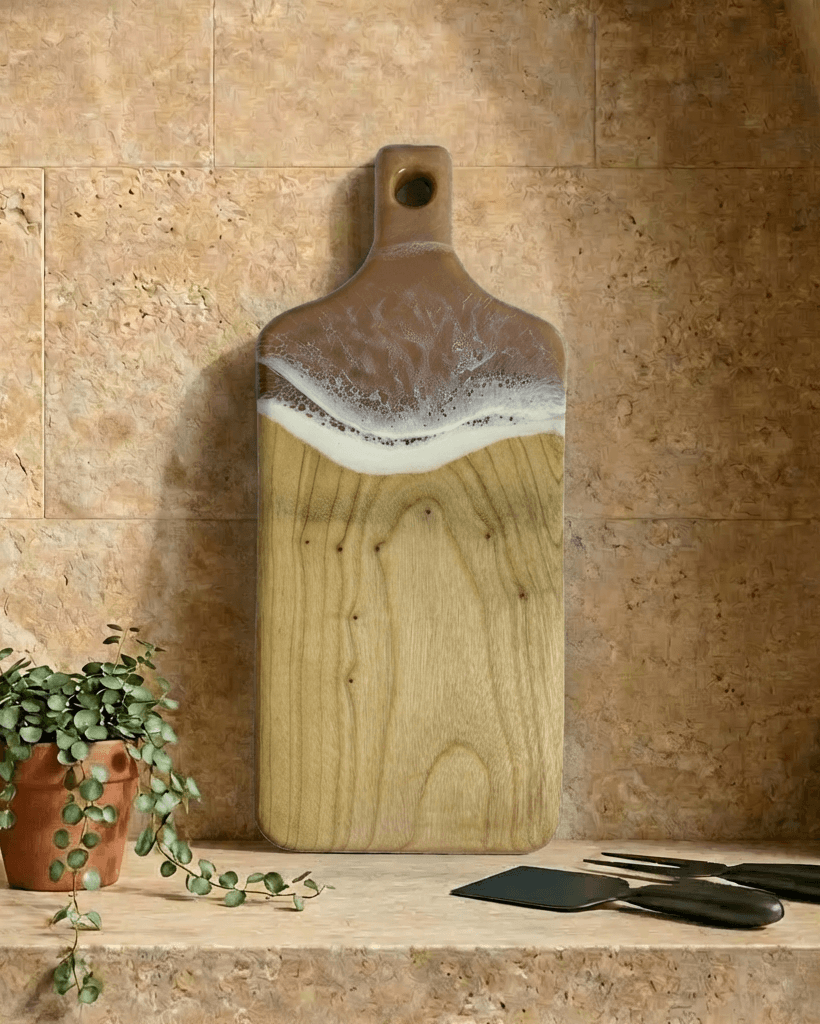Neutral Rectangle Paddle Cheeseboard with beige resin on Camphor Laurel timber