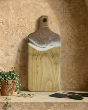 Neutral Rectangle Paddle Cheeseboard with beige resin on Camphor Laurel timber