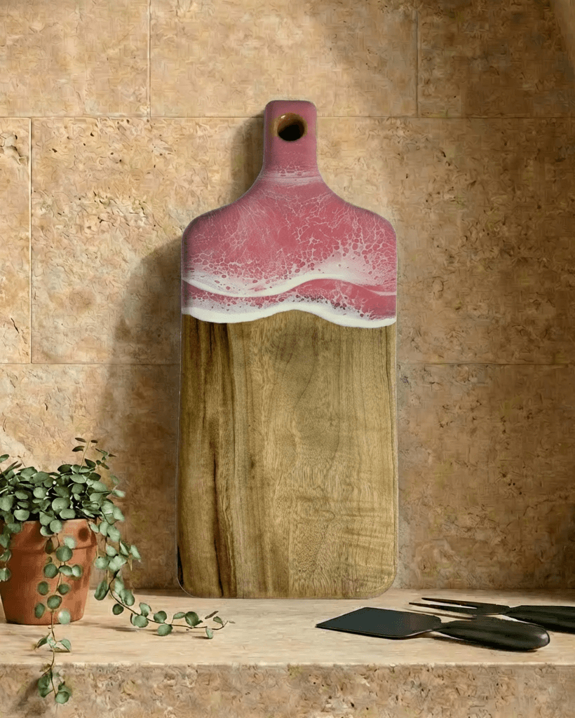 Rectangle Paddle Cheeseboard in mid pink tone  resin wave and natural Camphor Laurel grain