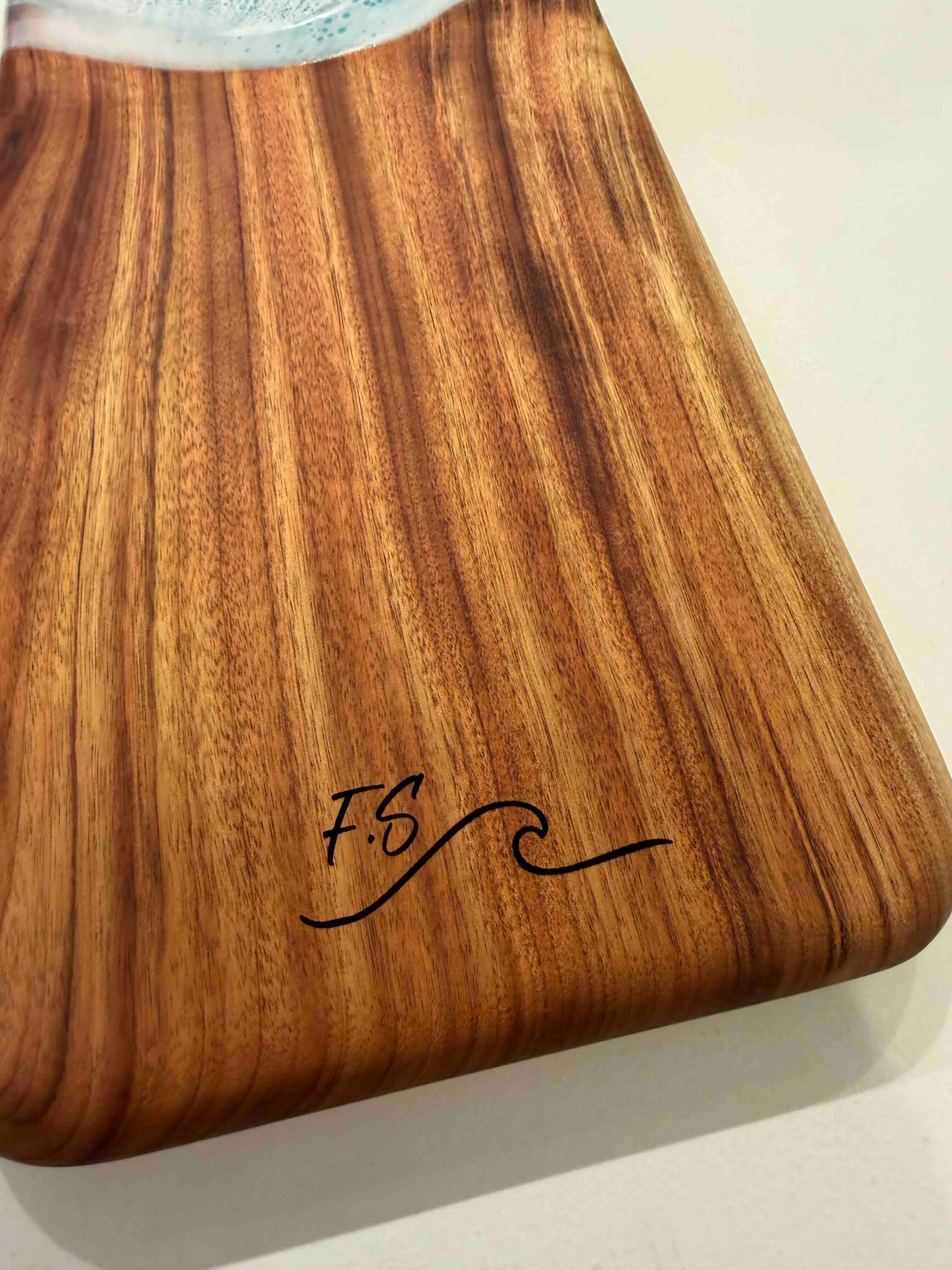 Acacia wood serving board with FS wave logo branding