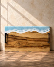 Wide handle serving platter with light blue resin on the long edge and matte black carry handles for practicality 
